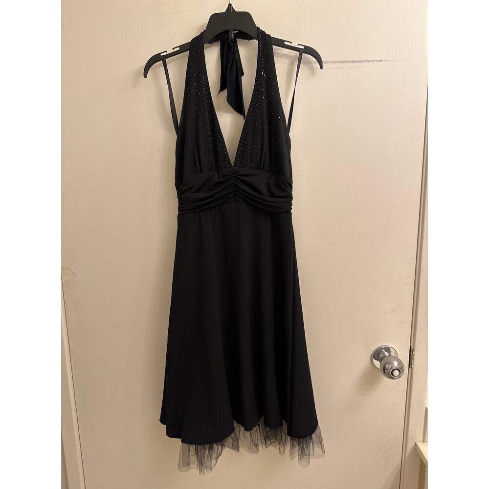Love Tease Black Halter Dress Women’s Small‎ Rhinestone Mesh Hem Party Mini Y2K